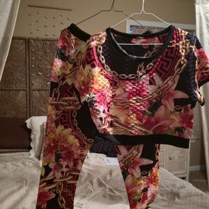 Floral Chain Print Pajama Set - Black and Pink